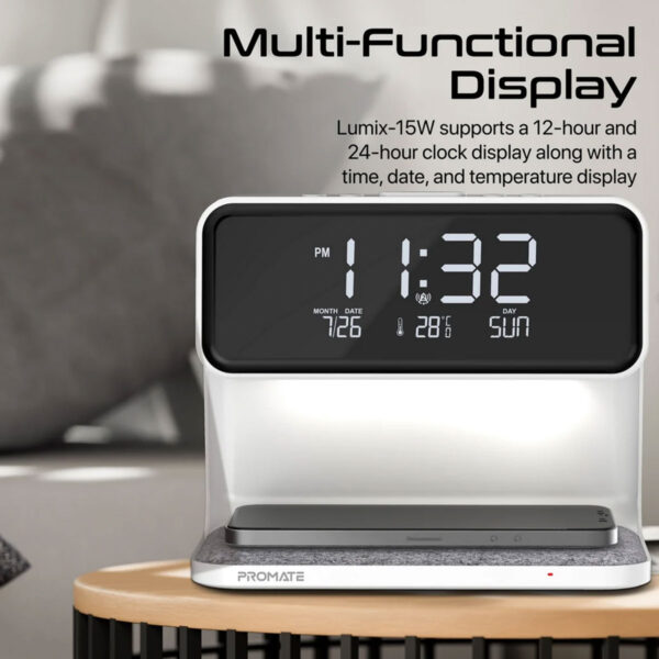 Promate Digital Multi-Function LED Alarm Clock with 15W Wireless Charger