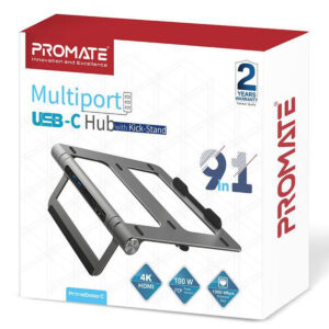 Promate PrimeBase-C Laptop Stand with 9-in-1 Multiport USB-C Hub; 4K HDMI, USB 3.0 ports, Ethernet port, SD/MicroSD Card Slots and a 100W charging bridge